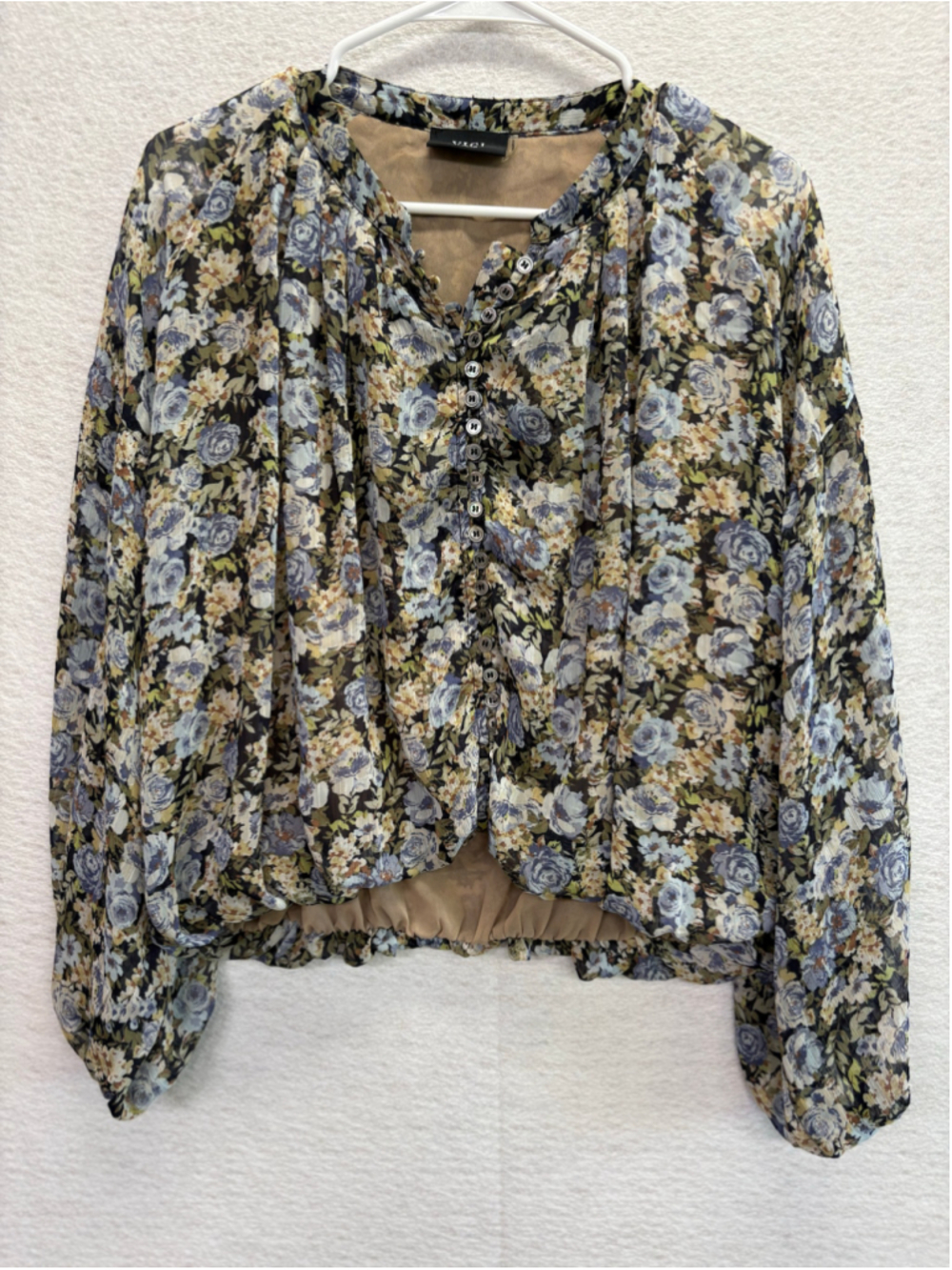 VICI Floral Chiffon Blouse Women’s Size L Button Front Peplum Boho Cottagecore